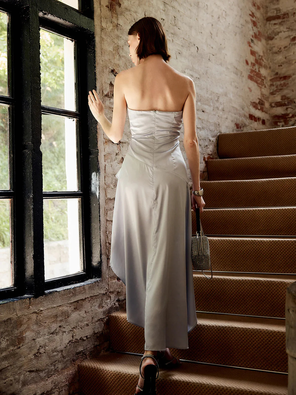 Asymmetric ruffle edge strapless godons even dresses