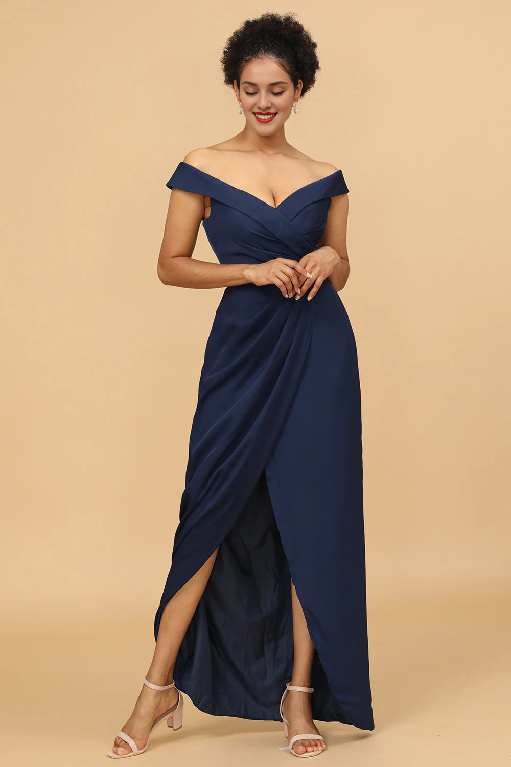 Navy blue tight fitting/straight tube off shoulder satin bridesmaid dress
