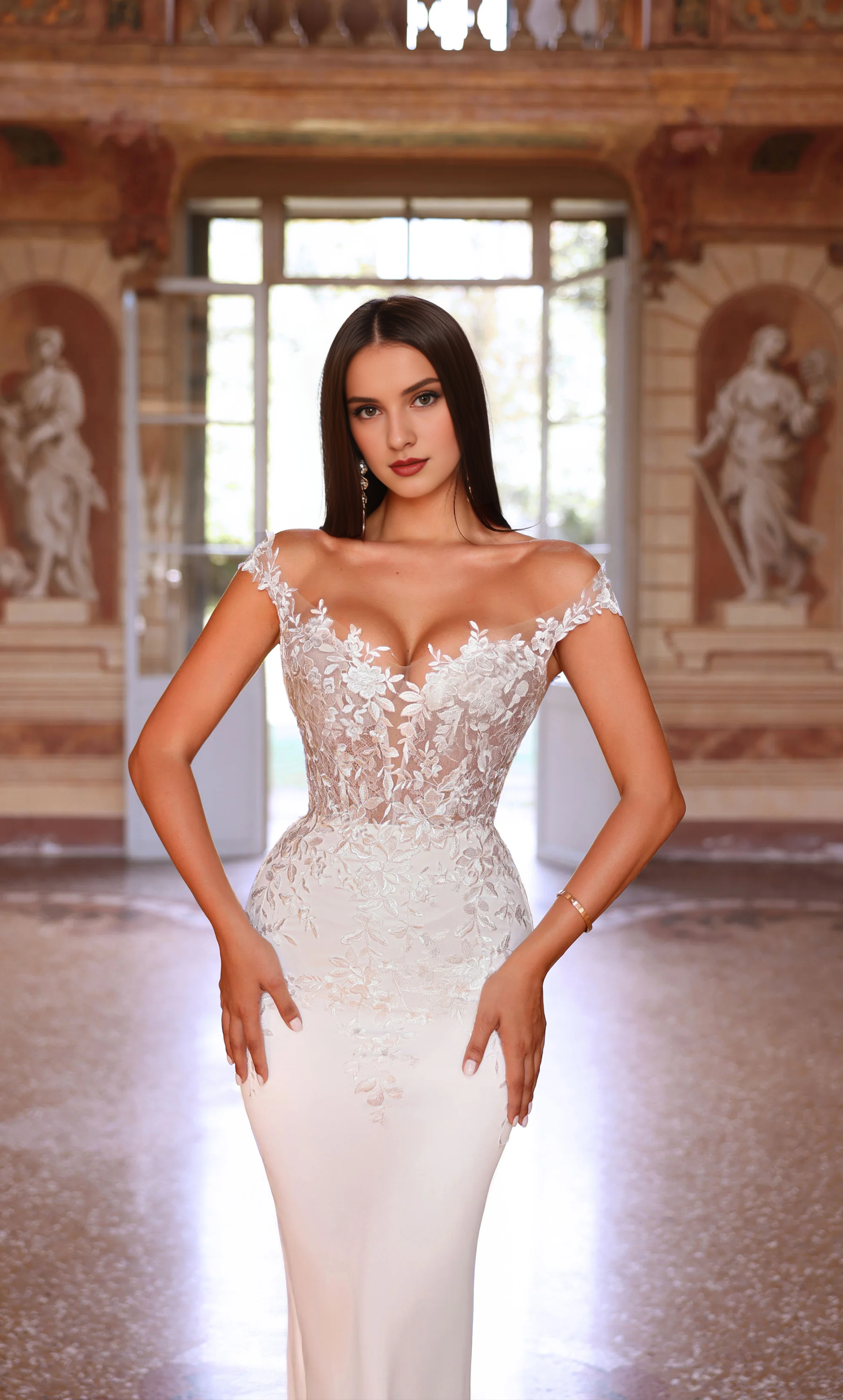 Perfect satin off shoulder slim fit trumpet shaped transparent lace tight corset wedding dresses