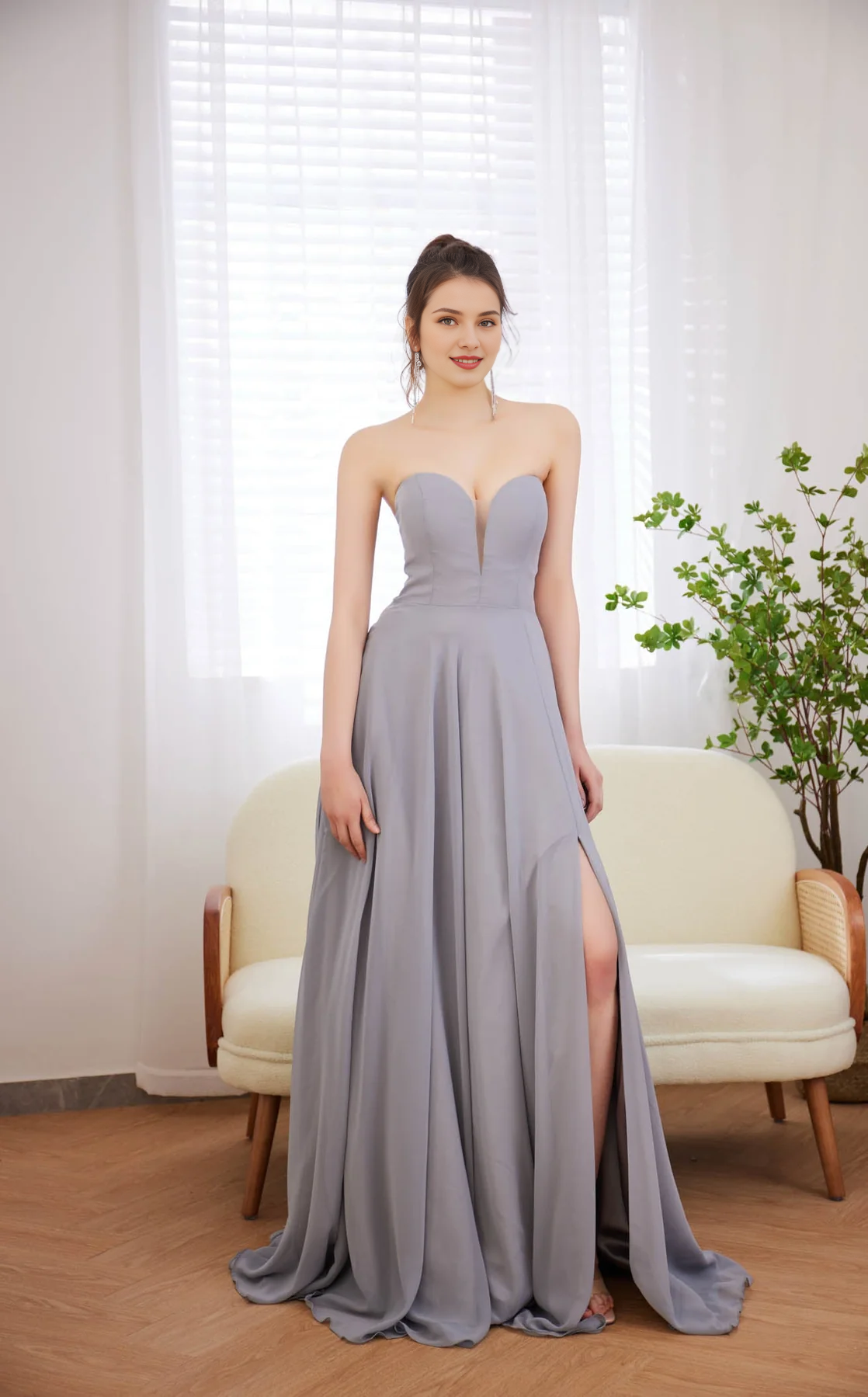 A-line heart-shaped neckline without shoulder straps and floor length evening dress