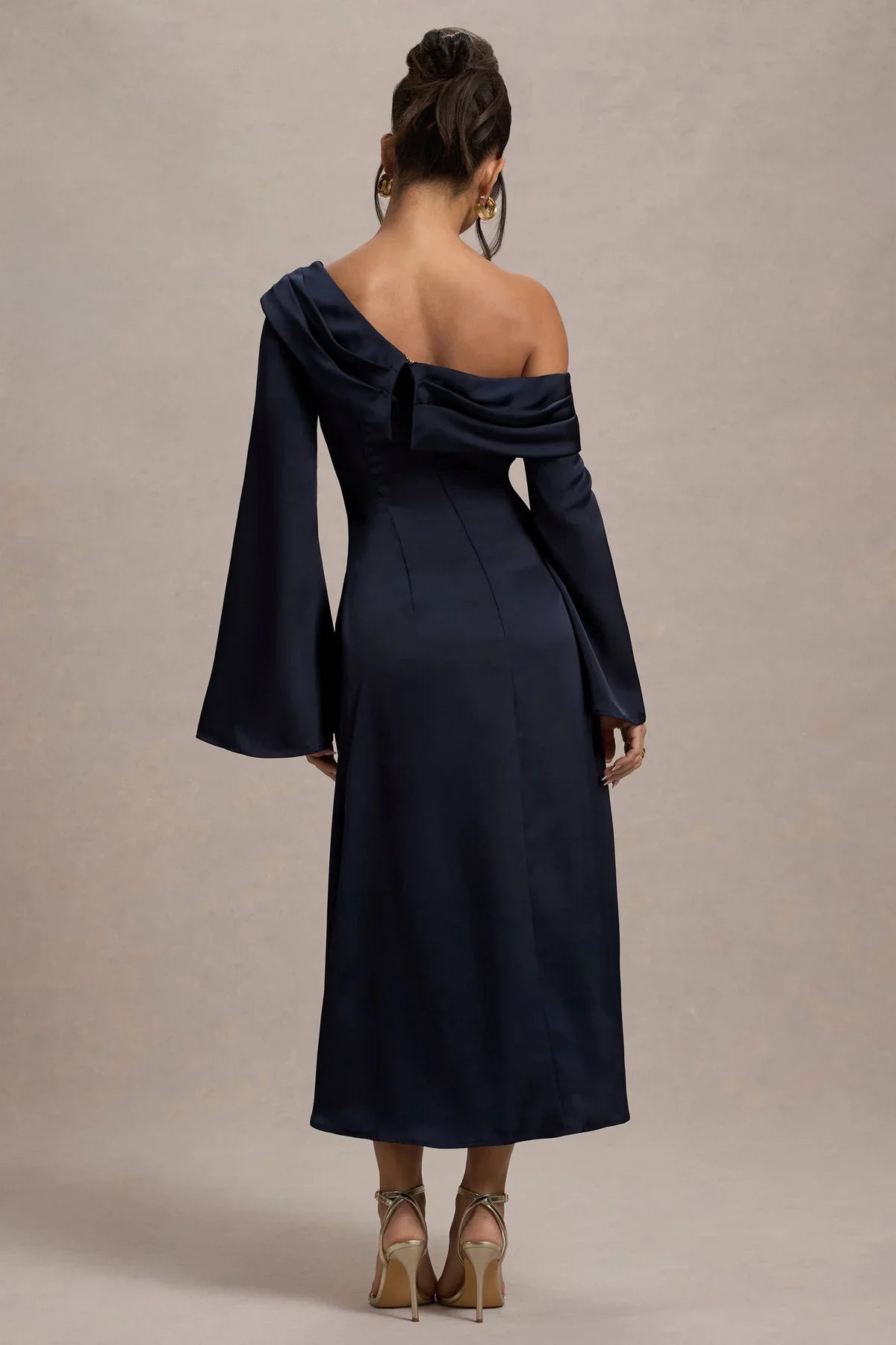Satin asymmetrical flared sleeves and floor length evening dress - Jimiss dress