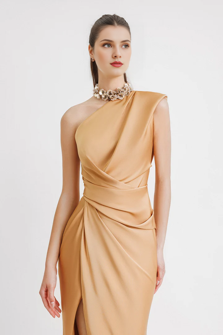 Tight/Column style Evening Dress Elegant Dress Formal and Floor length Sleeveless Single Shoulder Pocket Satin Decal Gowns Evening Dresses