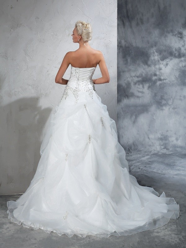 Ball gown strapless beaded sleeveless long organza wedding dress