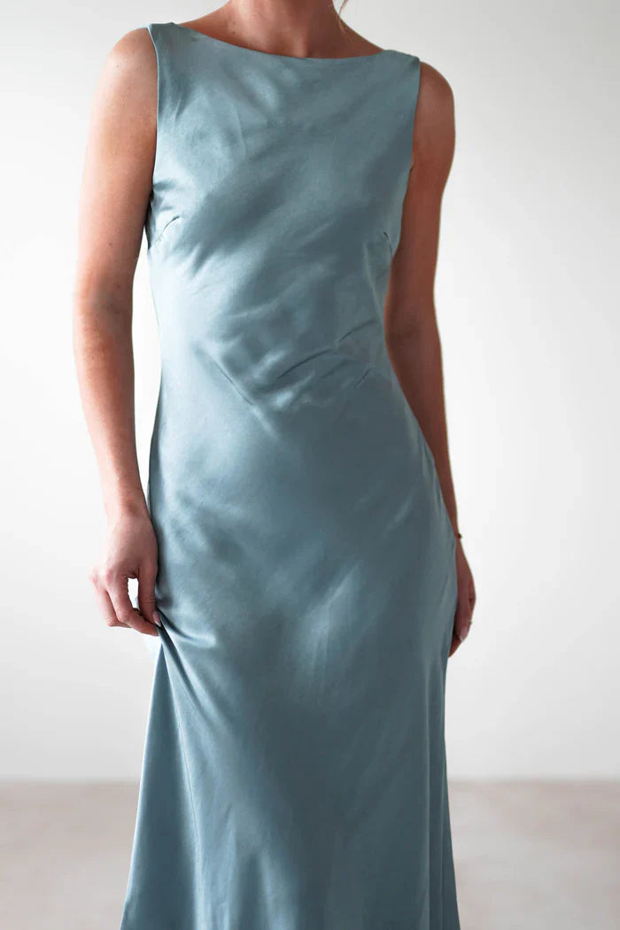 Ship neck backless shoulder strap satin long Prom dress - Jimiss Dress