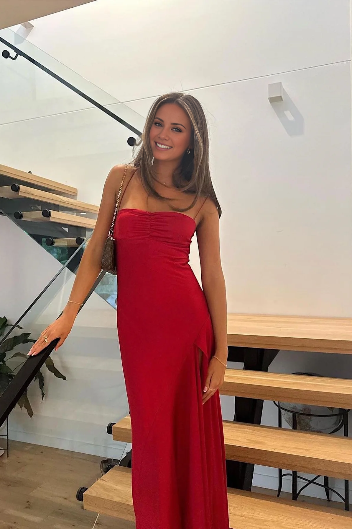 Jimiss minimalist tight thin shoulder strap pink front slit long Prom dress