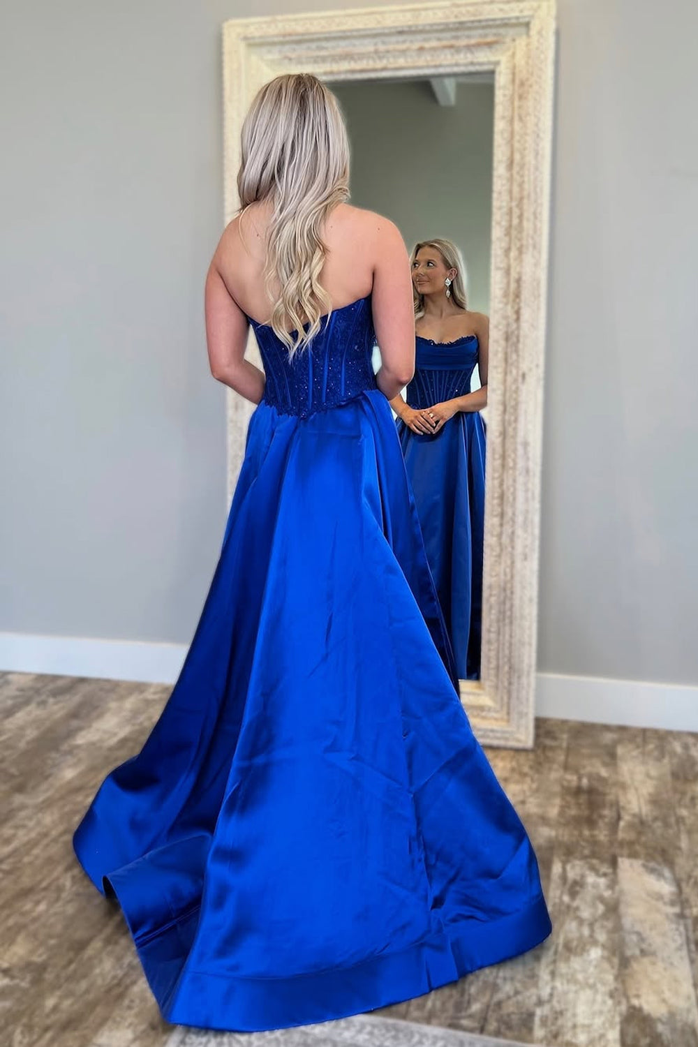 A-Line Strapless Royal Blue Satin Long Prom Dresses
