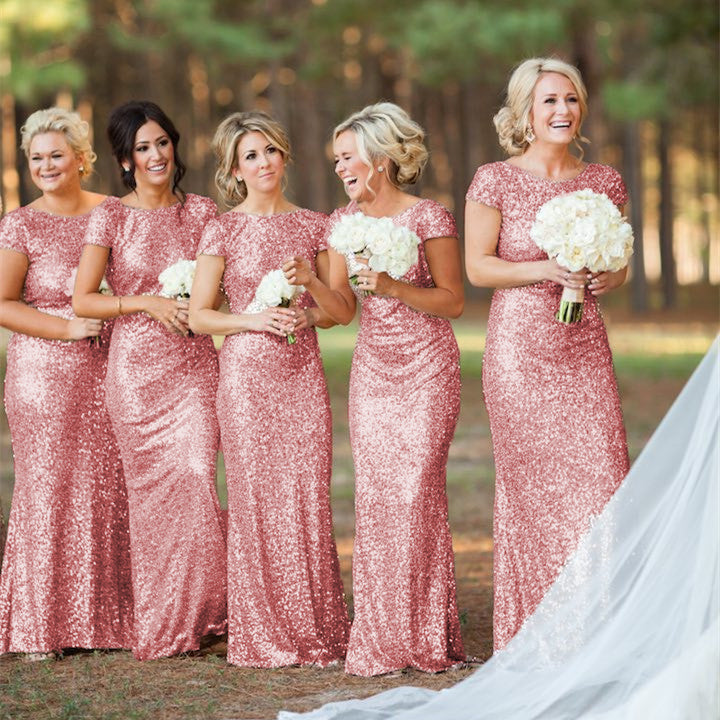 Mermaid Ruffles Back Cap Sleeves Sequin Bridesmaid Dresses