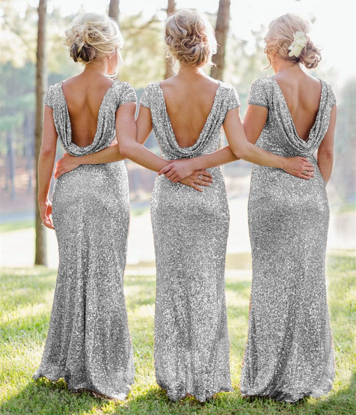 Mermaid Ruffles Back Cap Sleeves Sequin Bridesmaid Dresses