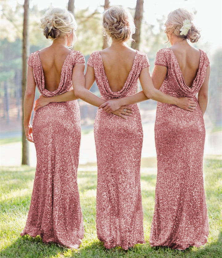 Mermaid Ruffles Back Cap Sleeves Sequin Bridesmaid Dresses