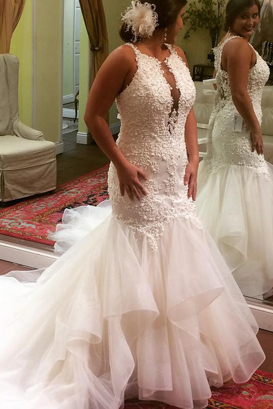 Long Deep V-Neck Mermaid Ivory Bridal Dress with Rufffles