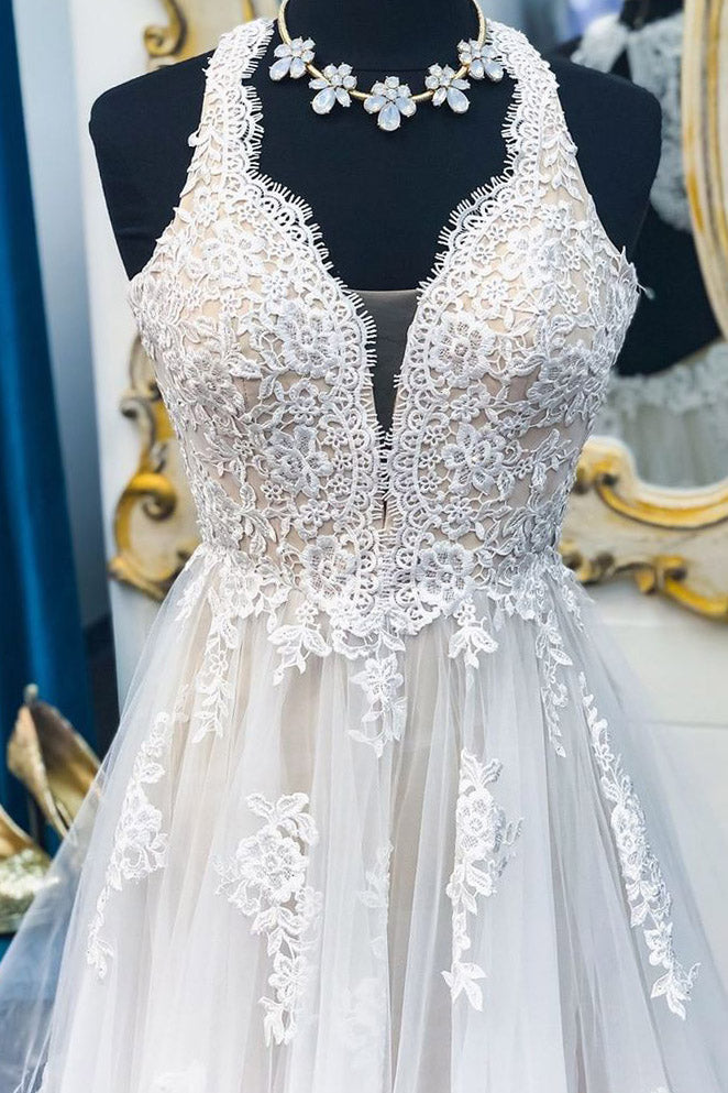 Long Illusion V-Neck A-line Halter Ivory Wedding Dress with Lace