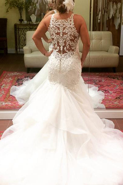 Long Deep V-Neck Mermaid Ivory Bridal Dress with Rufffles