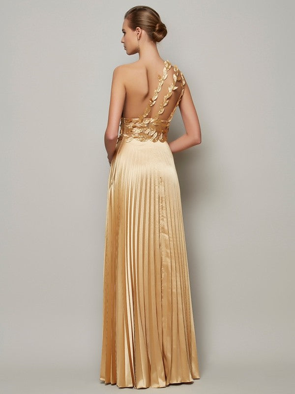 A-Line/Princess One-Shoulder Sleeveless Hand-Made Flower Long  Woven Satin Dresses