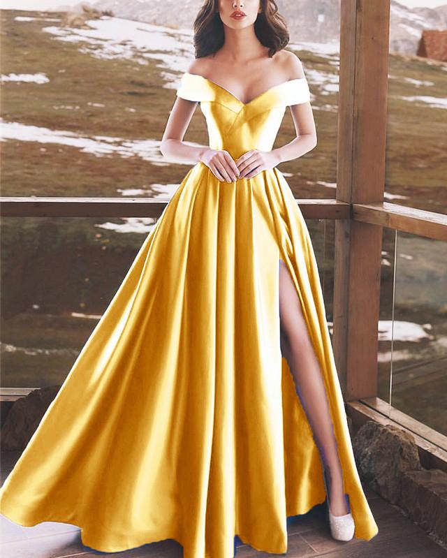 Sexy V-neck Off Shoulder Satin Long Prom Dresses 2019