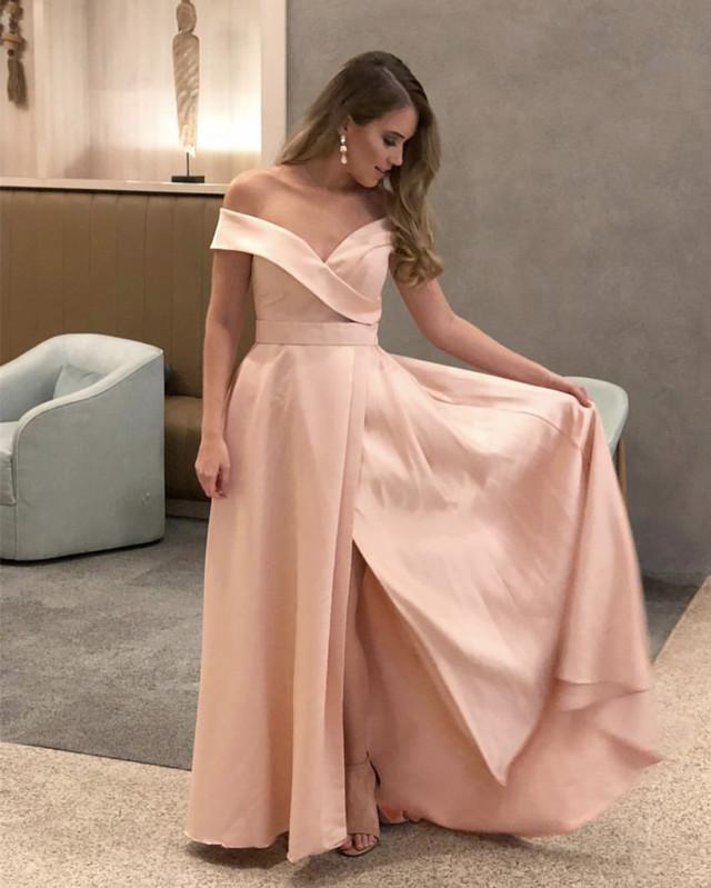Off-The-Shoulder V-neck Split Long Satin Prom Dresses 2019