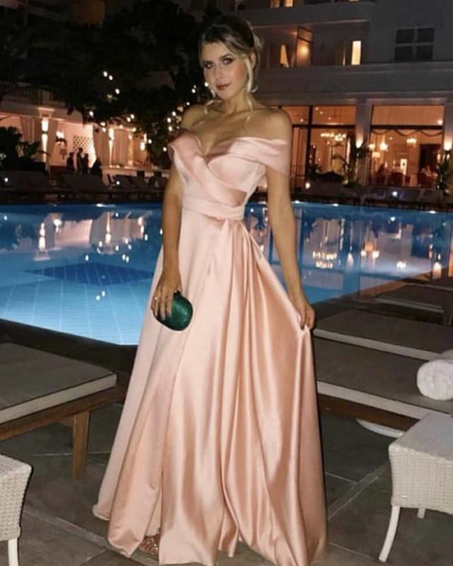 Off-The-Shoulder V-neck Split Long Satin Prom Dresses 2019