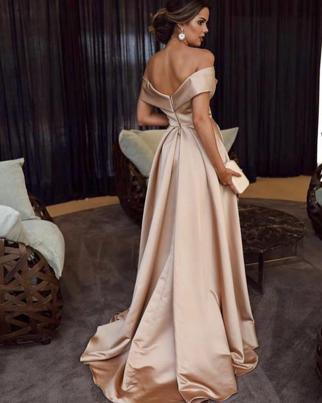 Off-The-Shoulder V-neck Split Long Satin Prom Dresses 2019