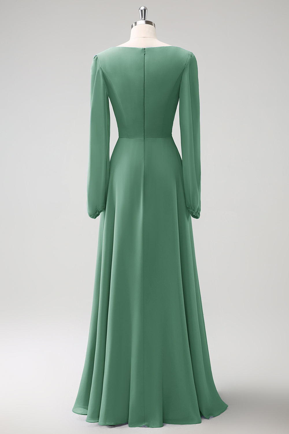 A Line Grey Blue V-Nack Chiffon Bridesmaid Dress with Long Sleeves