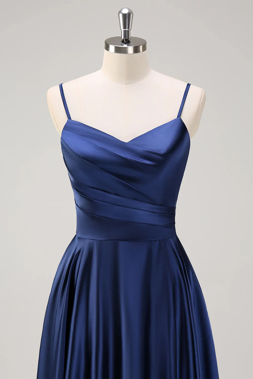 Deep sea army blue A-line thin shoulder strap pleated tea long bridesmaid dress