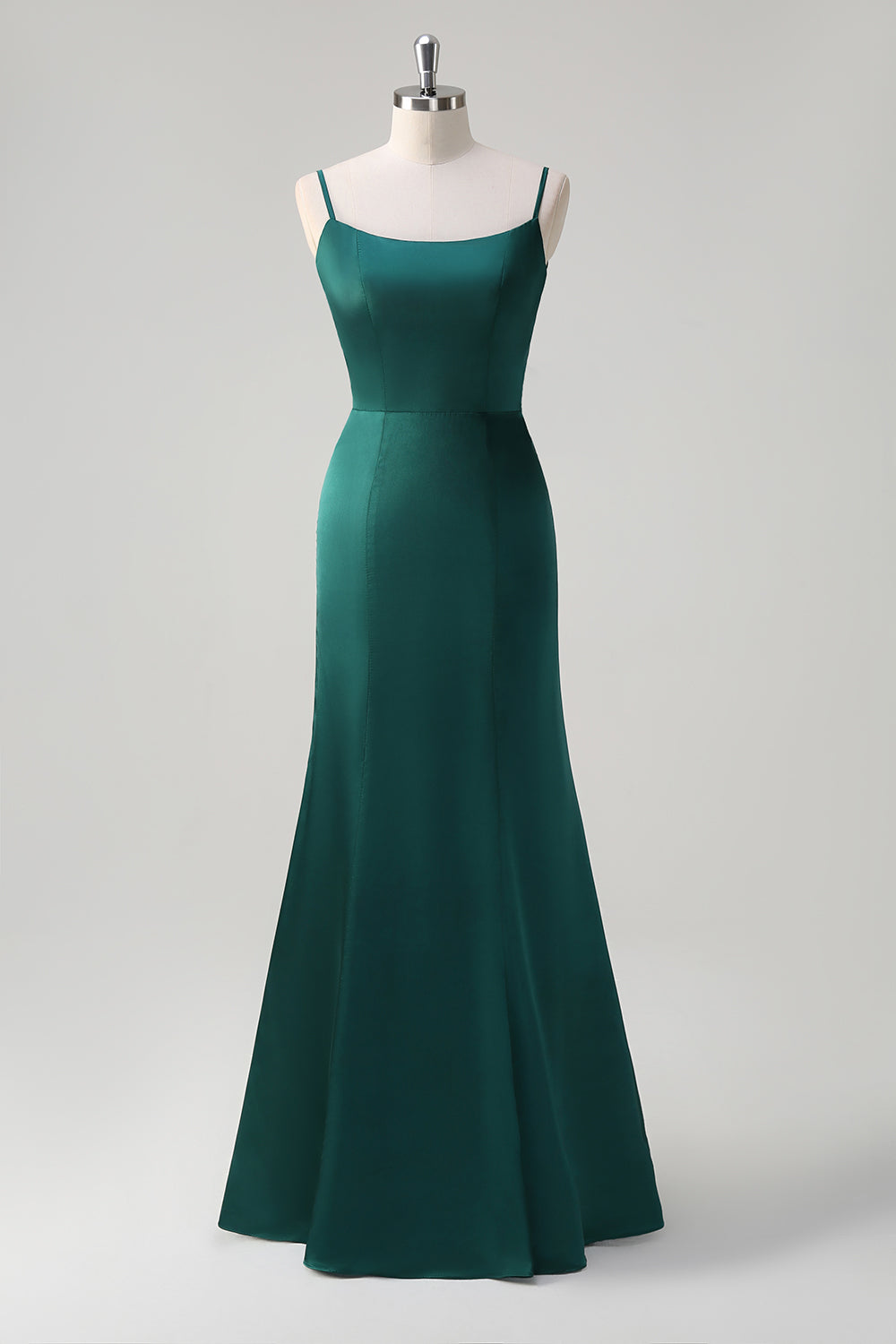 Black Mermaid Spaghetti Straps Ruffed Bow Back Satin Long Bridesmaid Dress