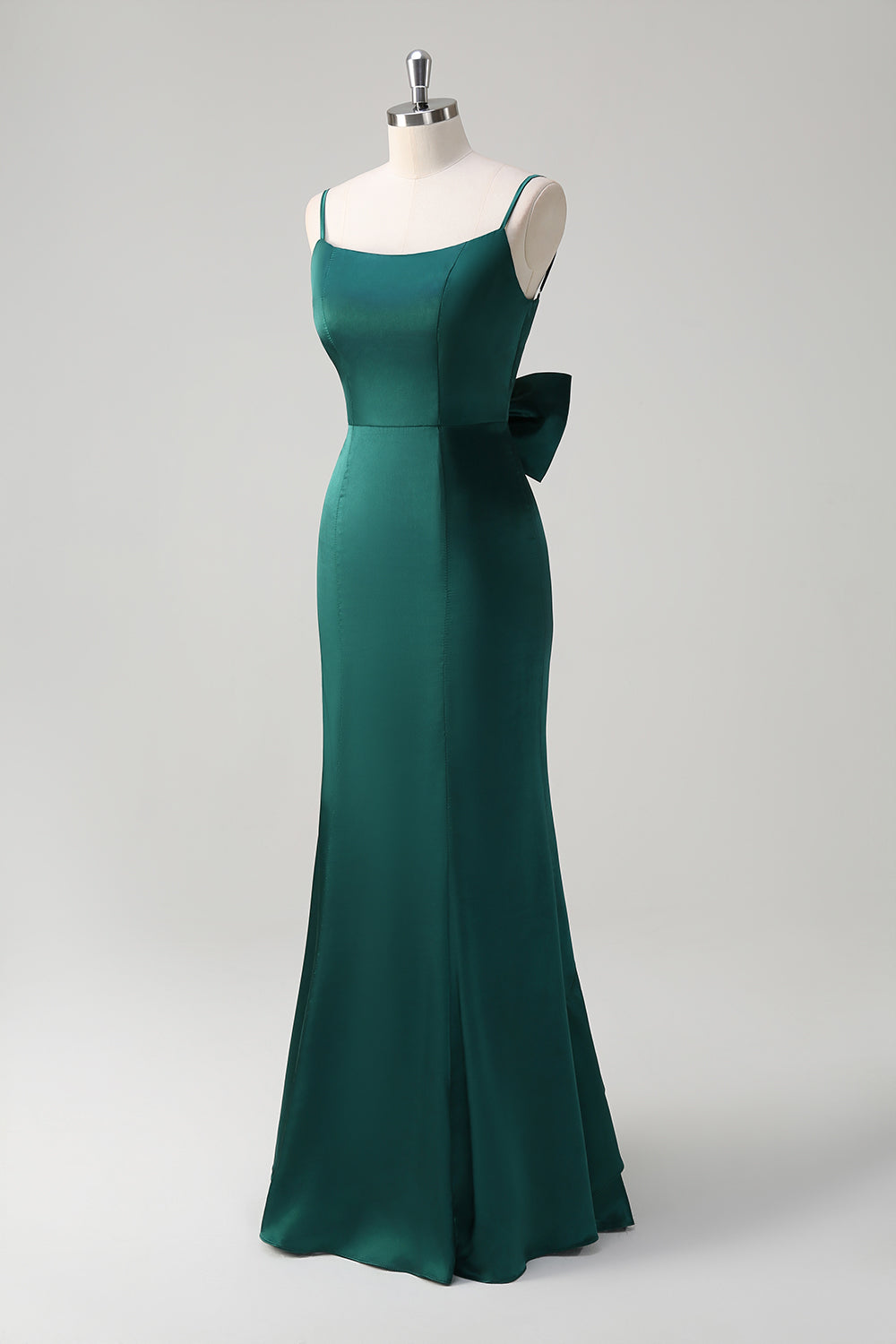 Black Mermaid Spaghetti Straps Ruffed Bow Back Satin Long Bridesmaid Dress