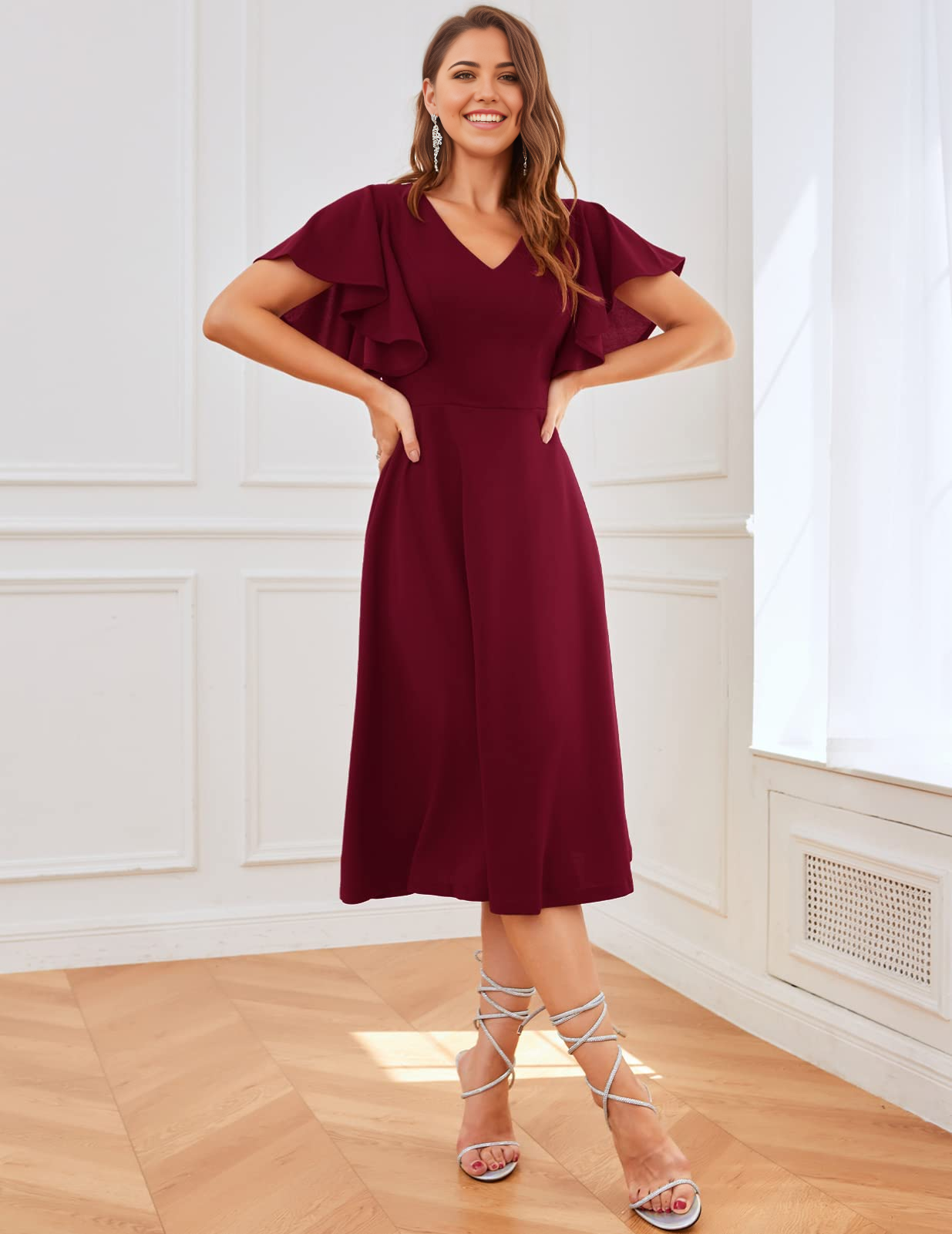 A-line V-Neck Sleeves Formal Tea Length formal dresses Bridesmaid Dresses evening gown Prom Dress