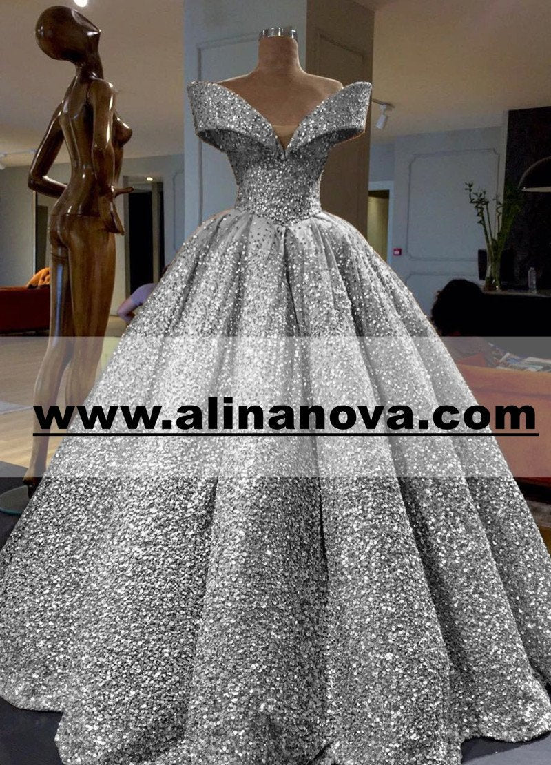Bling Bling Off The Shoulder Ball Gown Wedding Dress With Sequins And Crystal Beads