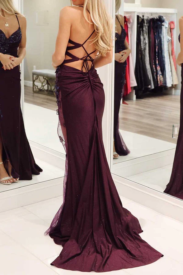 V-neck thin shoulder strap decal beaded side slit party ball evening dress