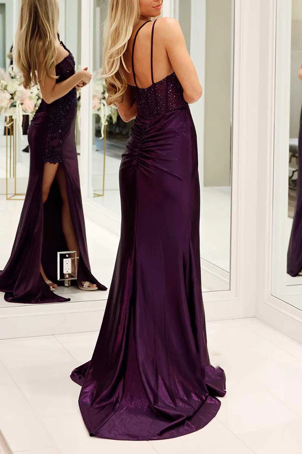 V-neck thin shoulder strap decal beaded side slit party ball evening dress