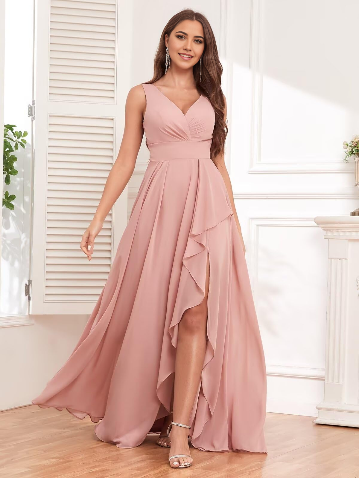 A-line V Neck Ruffle Chiffon Long formal dresses Bridesmaid Dresses evening gown Prom Dress with Slit