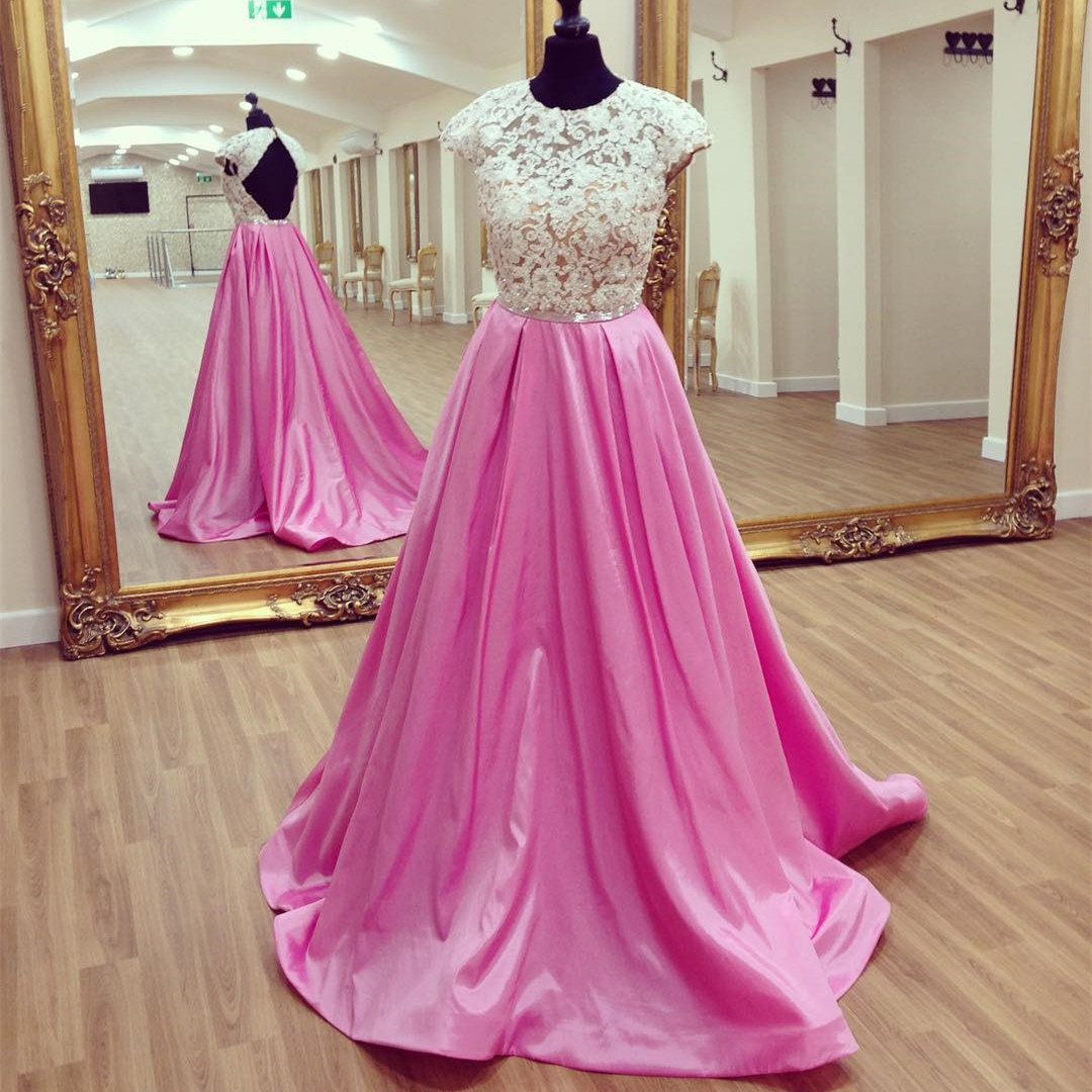 Modest Lace Cap Sleeves Open Back Satin Prom Dresses 2017 Long
