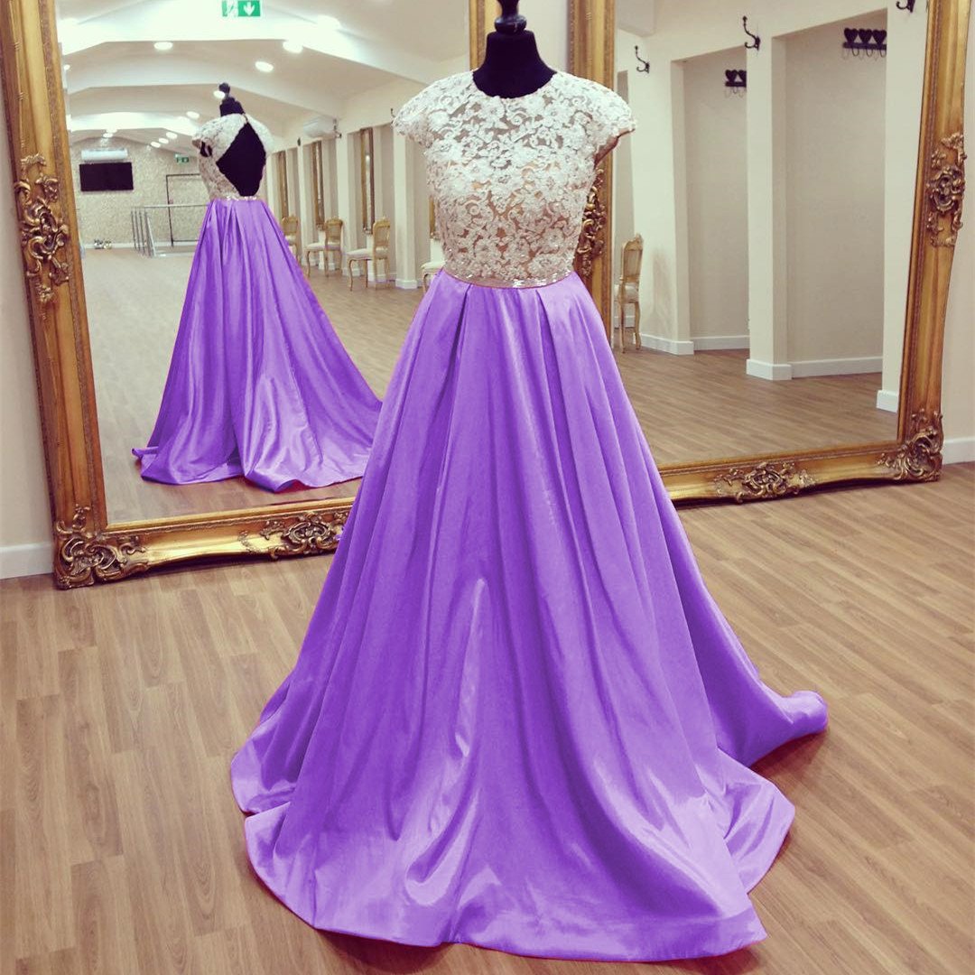 Modest Lace Cap Sleeves Open Back Satin Prom Dresses 2017 Long