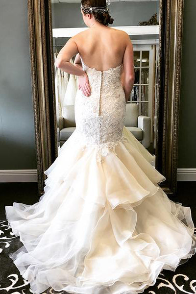 Long Ruffles Mermaid Sweetheart Ivory Wedding Dress with Lace