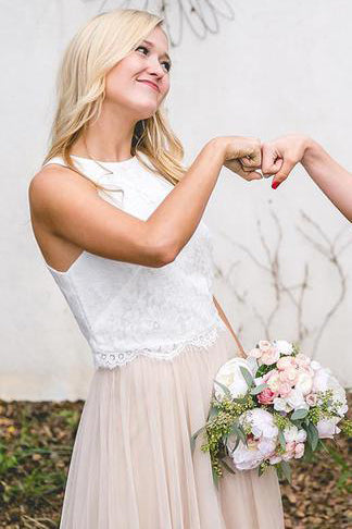 Two Piece Beige Long Bridesmaid Dress with White Lace Top