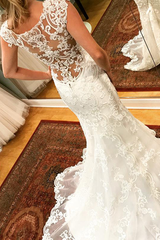 Long Mermaid Cap Sleeves Ivory Wedding Dress with Lace