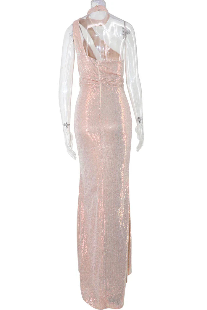 Long Pink High Neck Slit Prom Evening Dresses