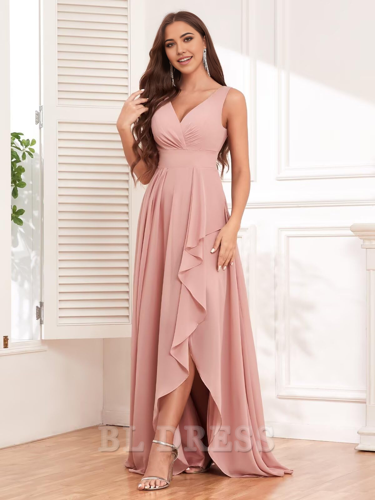 A-line V Neck Ruffle Chiffon Long formal dresses Bridesmaid Dresses evening gown Prom Dress with Slit