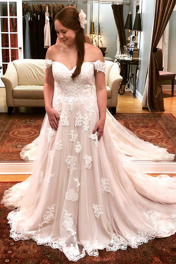 Long A-line Off Shoulder Ivory Wedding Dress with Lace