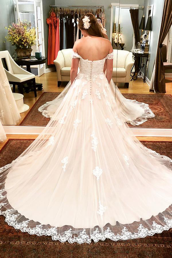 Long A-line Off Shoulder Ivory Wedding Dress with Lace