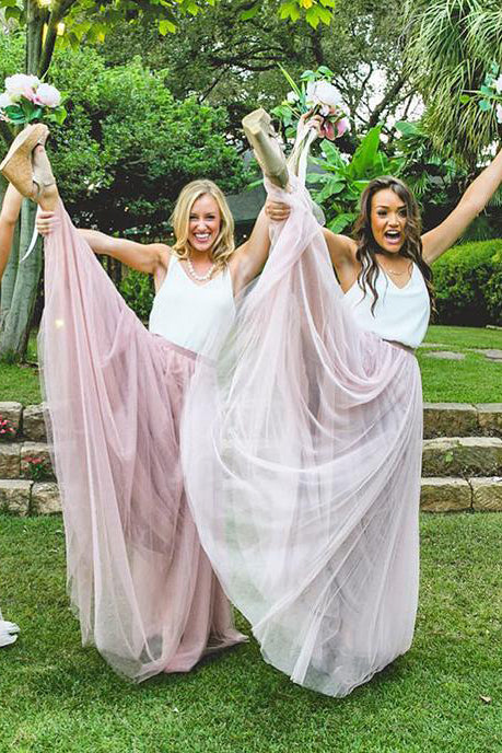 Two Piece Blush Pink Floor Length Bridesmaid Dress with White Top