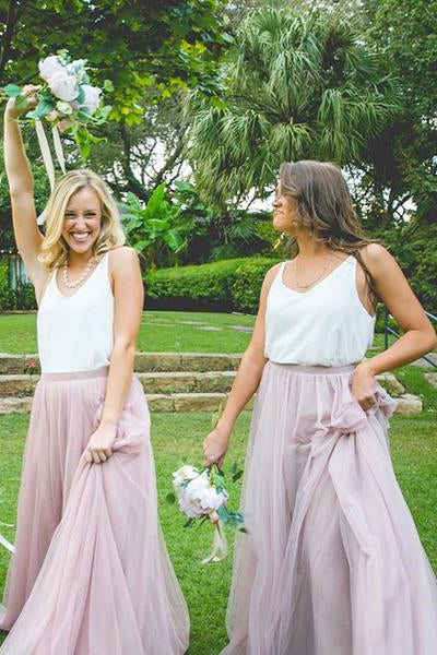 Two Piece Blush Pink Floor Length Bridesmaid Dress with White Top