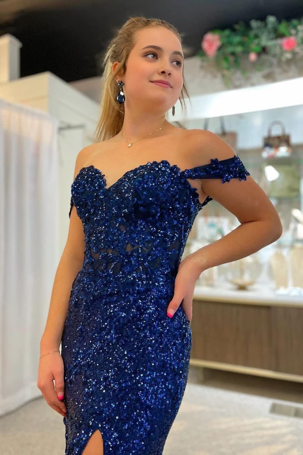 Sparkly Navy Corset Mermaid Sequins Long Prom Dress with Slit