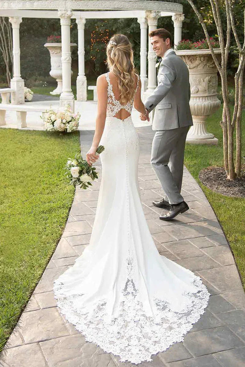 Lace Straps Sweep Train Mermaid White Chapel Train Wedding Dress