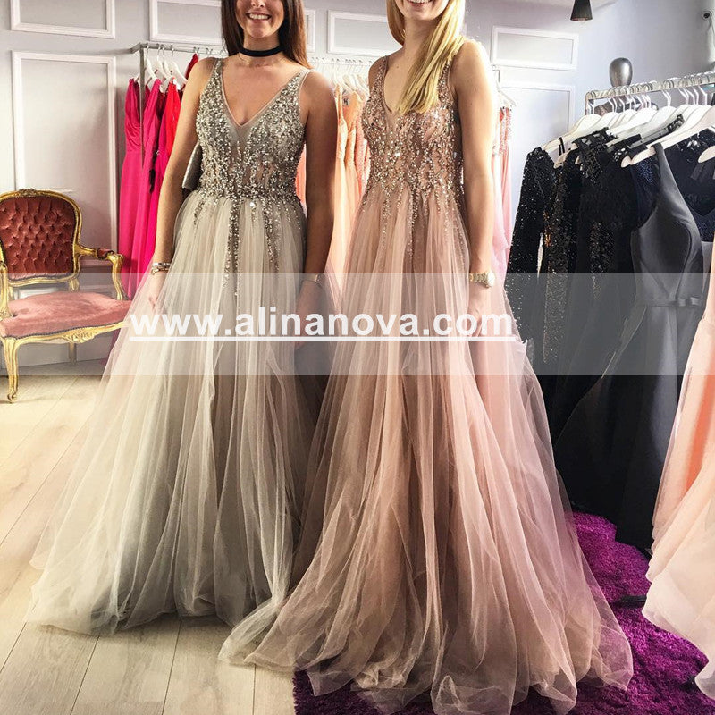 Tulle V Neck Sequin Beaded Evening Gowns