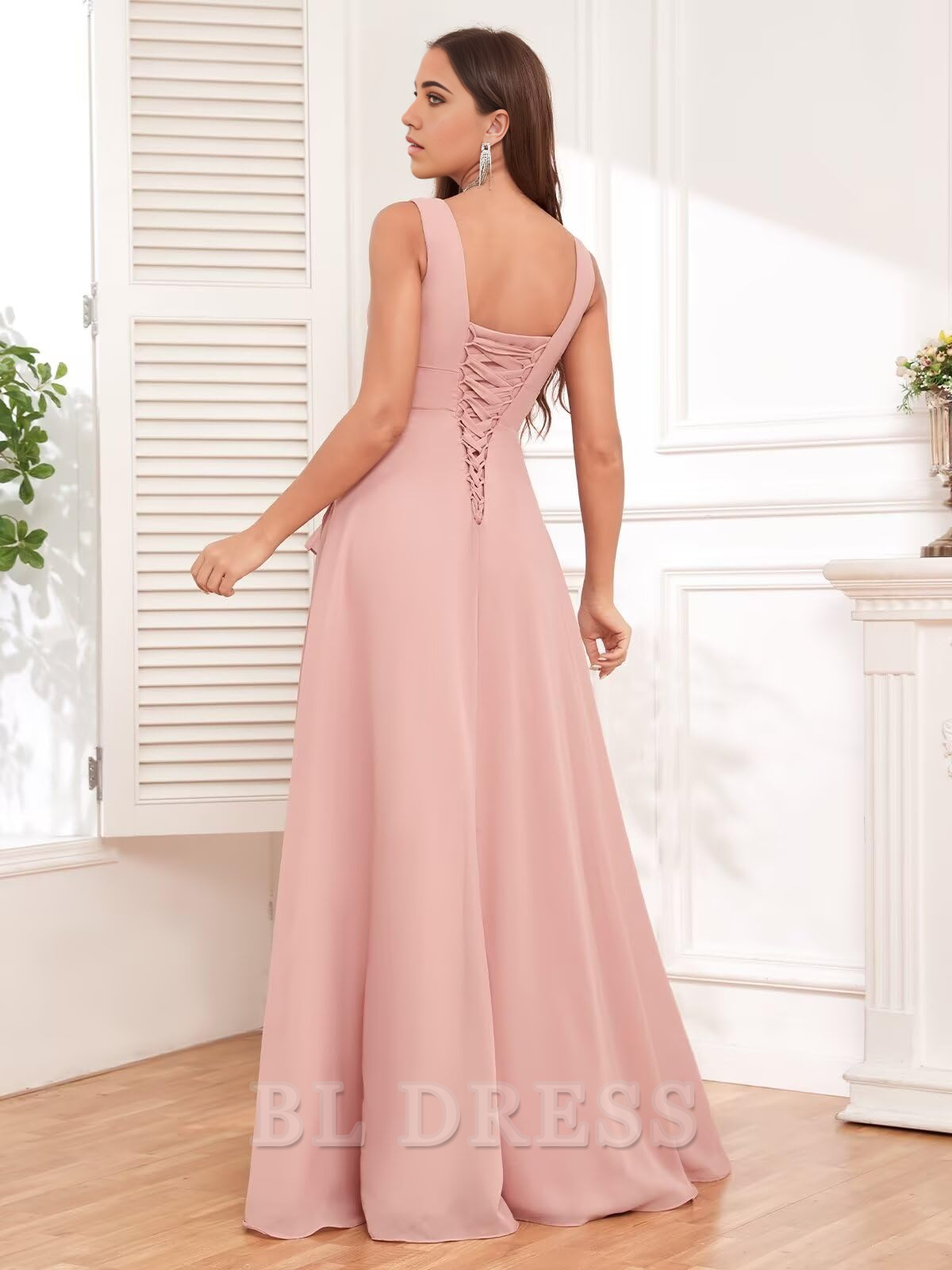 A-line V Neck Ruffle Chiffon Long formal dresses Bridesmaid Dresses evening gown Prom Dress with Slit