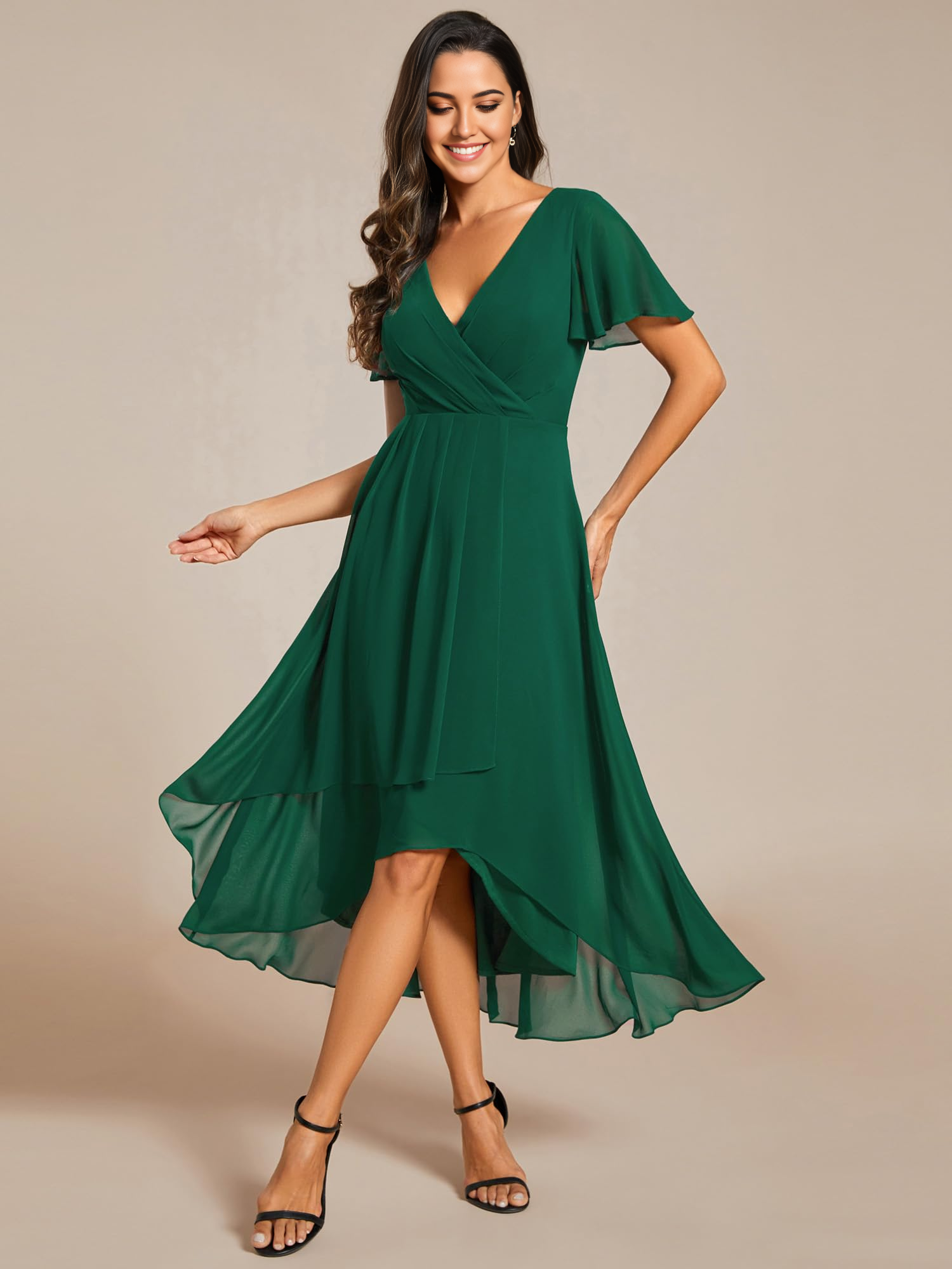 A Line V Neck Ruffle Sleeves Pleated High Low formal dresses Bridesmaid Dresses evening gown Prom Dress