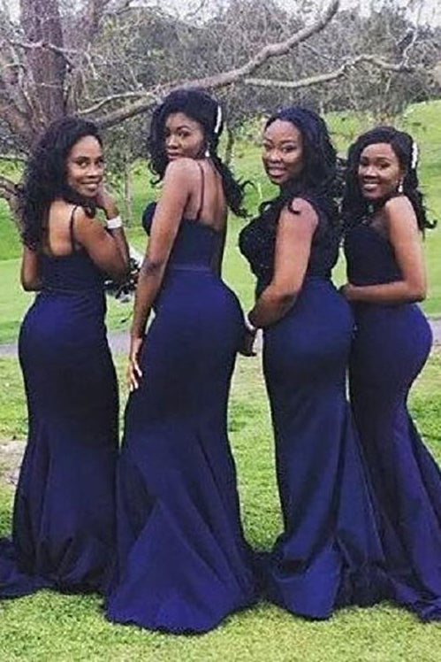 Spaghetti Straps Long Navy Blue Mermaid Bridesmaid Dress