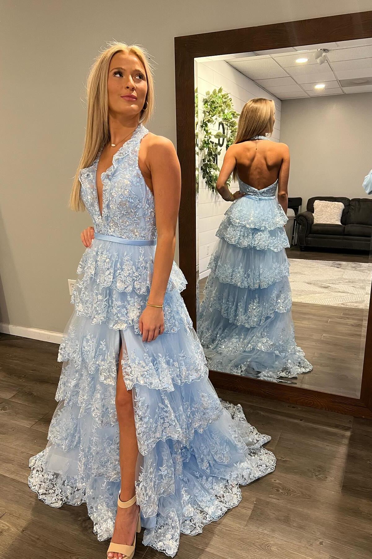Halter Light Blue Appliques Ruffle Prom Dress with Slit
