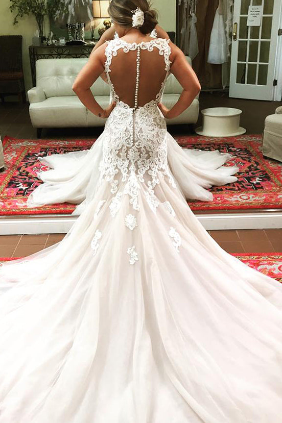 Long Mermaid V-Neck Ivory Wedding Dress with Lace