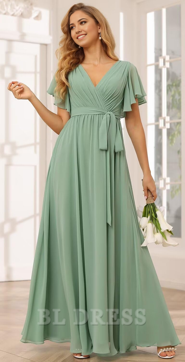A-line V Neck Chiffon Flutter Sleeve formal dresses Bridesmaid Dresses evening gown Prom Dress